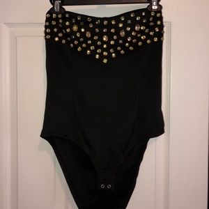 Black strapless bodysuit with rhinestones